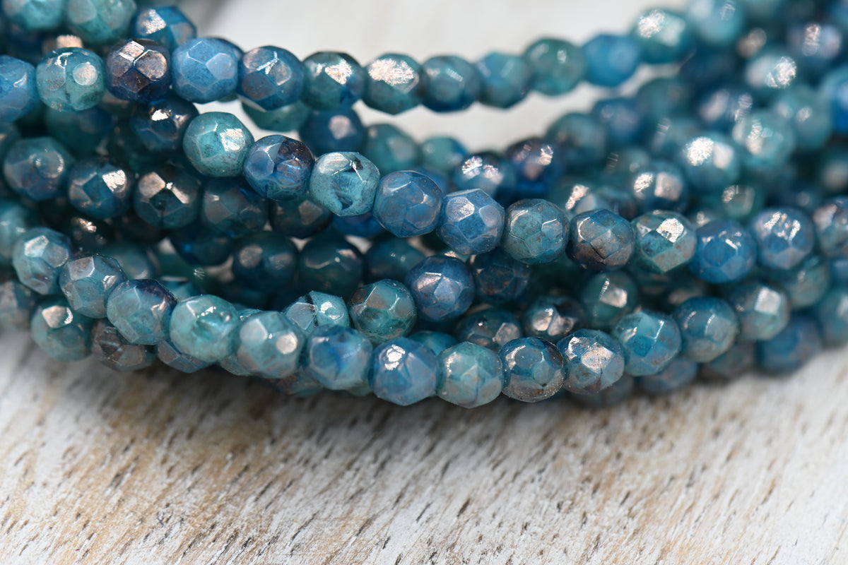 4mm Faceted Round Beads 100pc Czech Glass Pacific Blue with Luster Finish, 100 pc