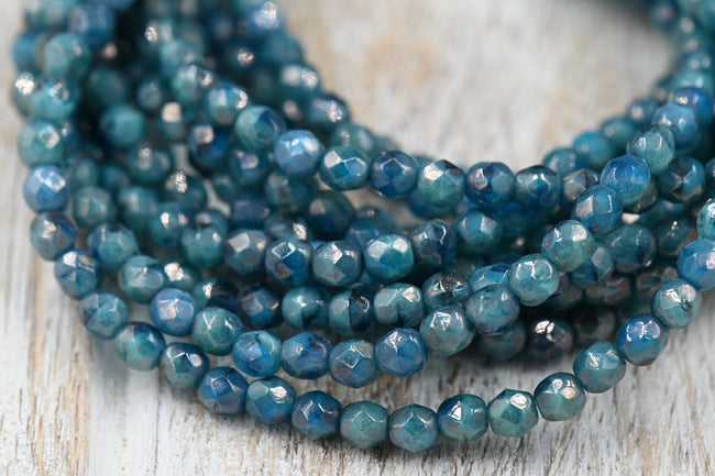 4mm Faceted Round Firepolished Czech Bead Pacific Blue with Luster Finish, 50pc Main Image