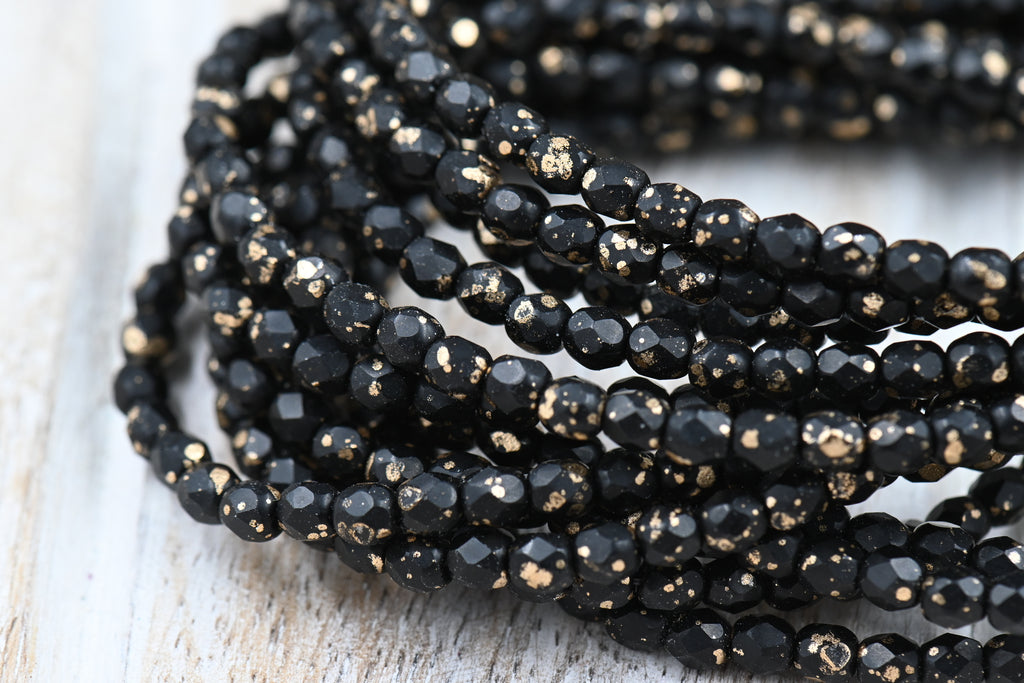 Czech 4mm Faceted Firepolished Bead 100pc Black with Gold Finish