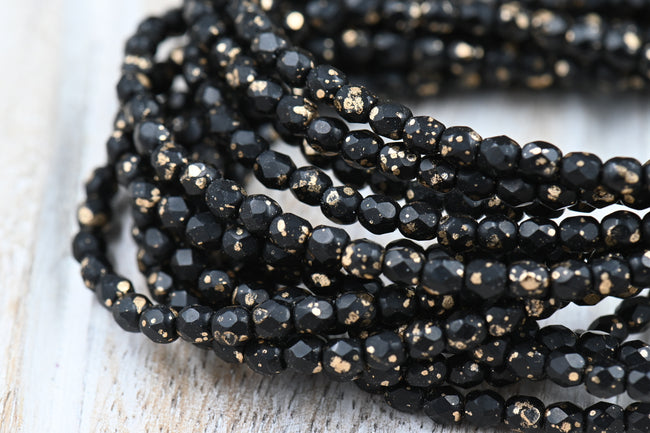 Czech 4mm Faceted Round Firepolished Bead Black with Gold Finish, 50pc Main Image