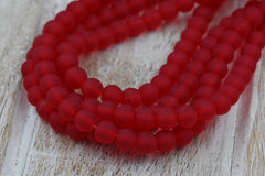 Holly Berry Red 6mm Frosted Matte Sea Glass Glass 70pc Round Druk Beads