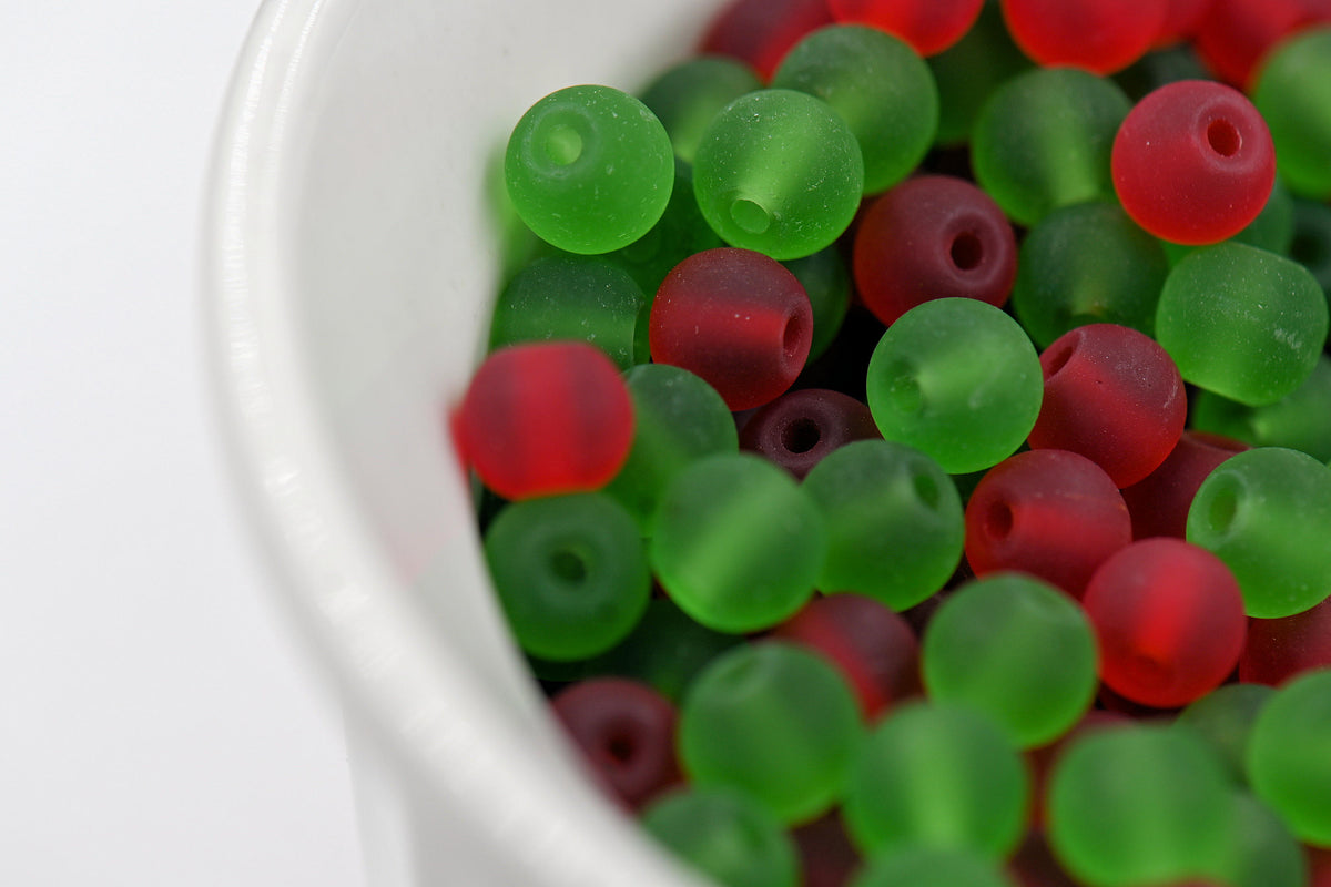 6mm Holiday Mix 200pc Frosted Matte Glass Round Druk Cultured Sea Glass Beads