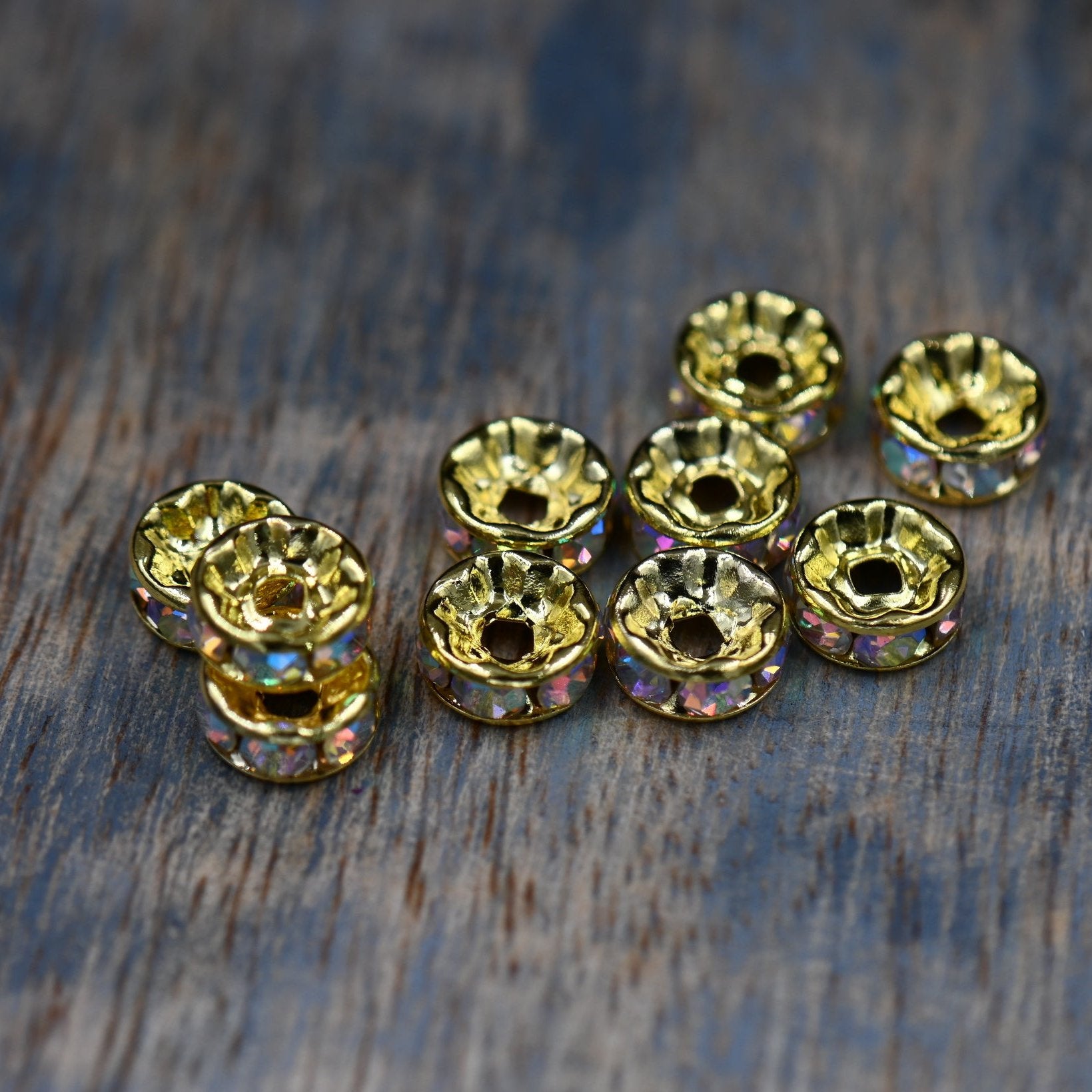 Gold Rhinestone Rondelle 50pc Spacer Beads, 6mm, 8mm