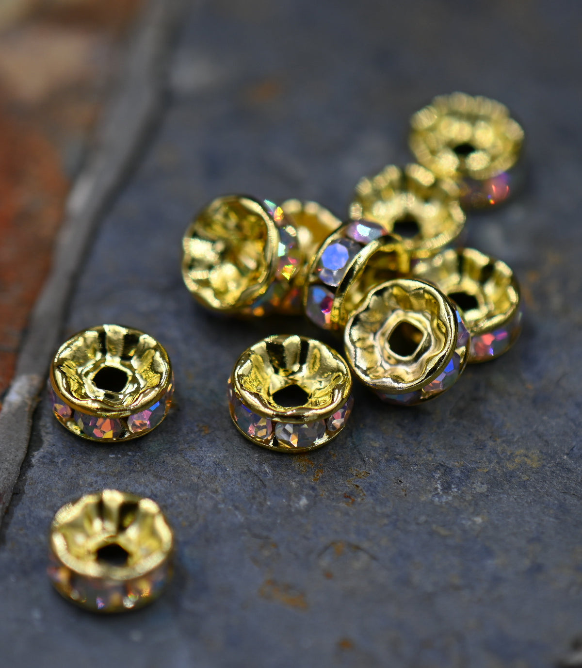 Gold Rhinestone Rondelle 50pc Spacer Beads, 6mm, 8mm