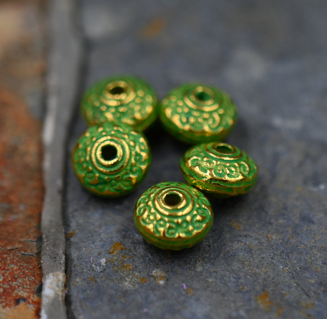 7mm Green Patina on Gold Rondelle, Set of 20