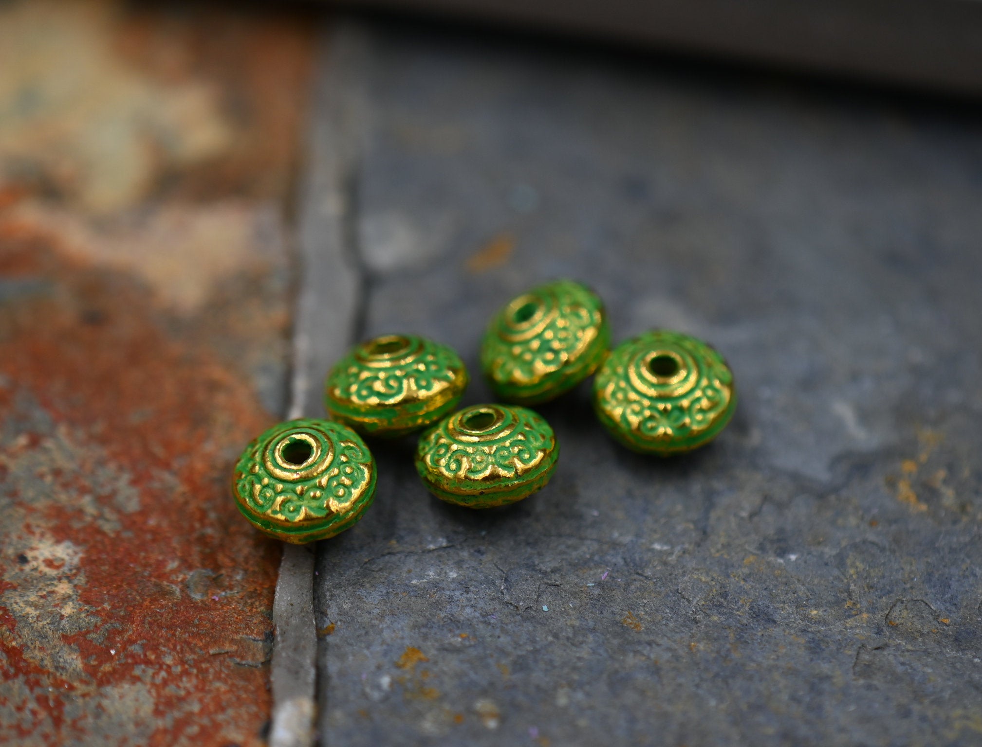 7mm Green Patina on Gold Rondelle, Set of 20