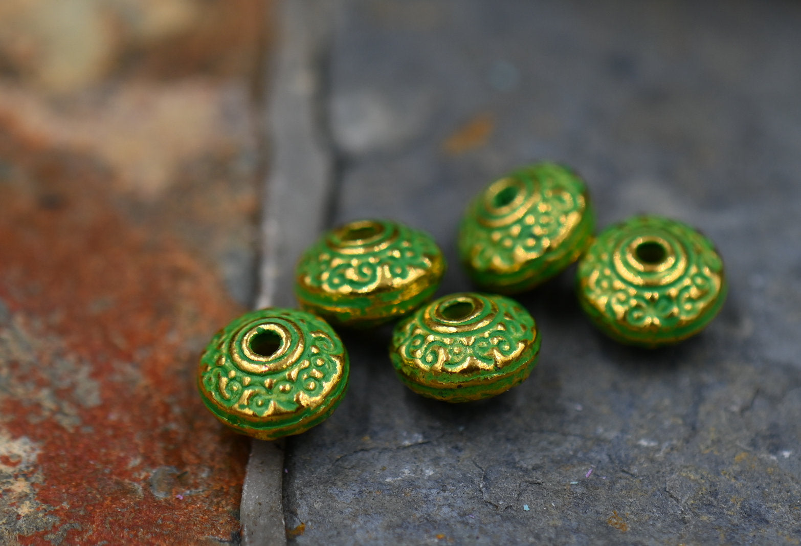 7mm Green Patina on Gold Rondelle, Set of 20