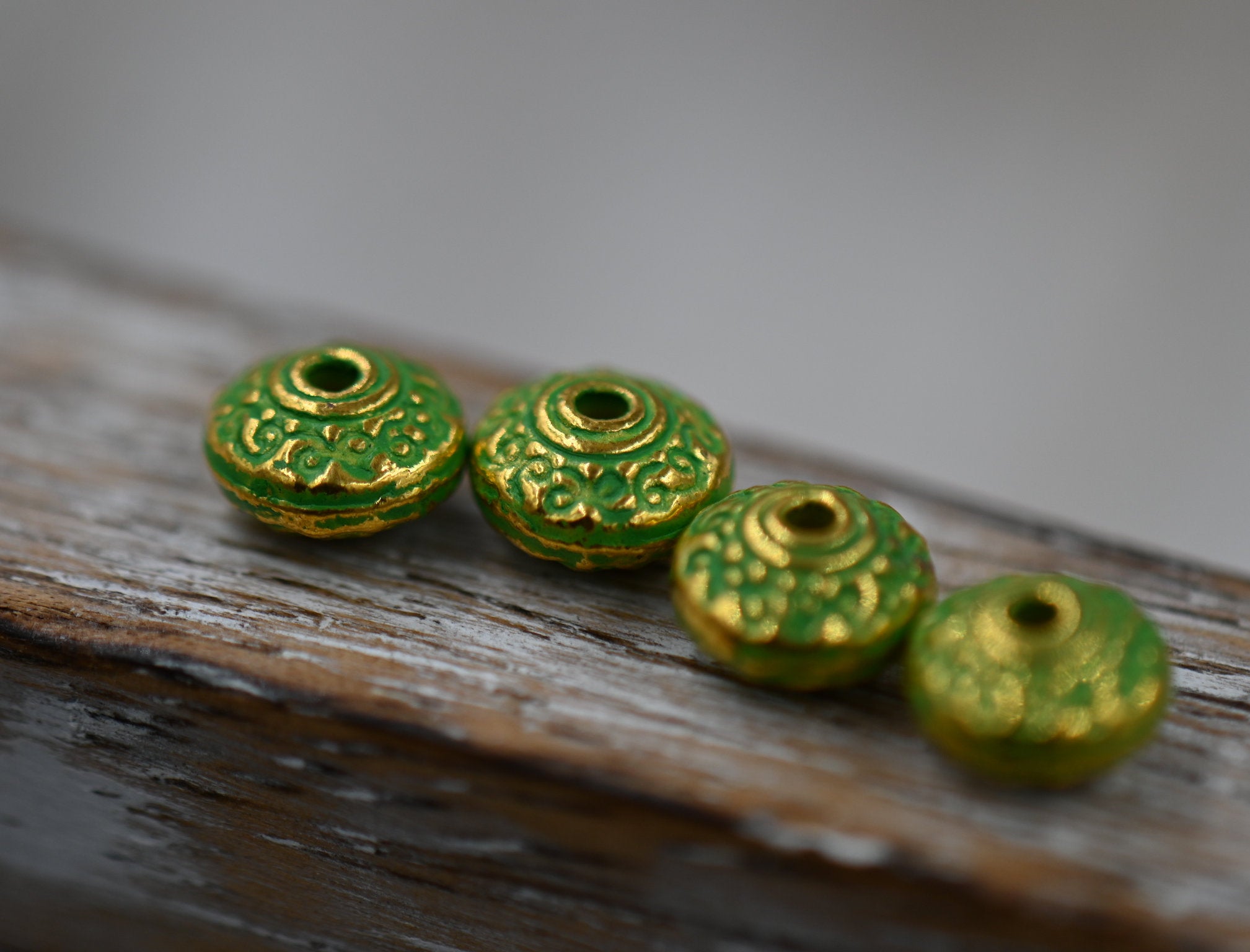 7mm Green Patina on Gold Rondelle, Set of 20