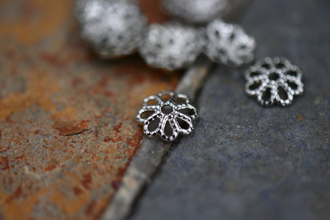 Flower Bead Caps, Fancy Bead Caps, Platinum, 6x1.5mm, 50pc Main Image