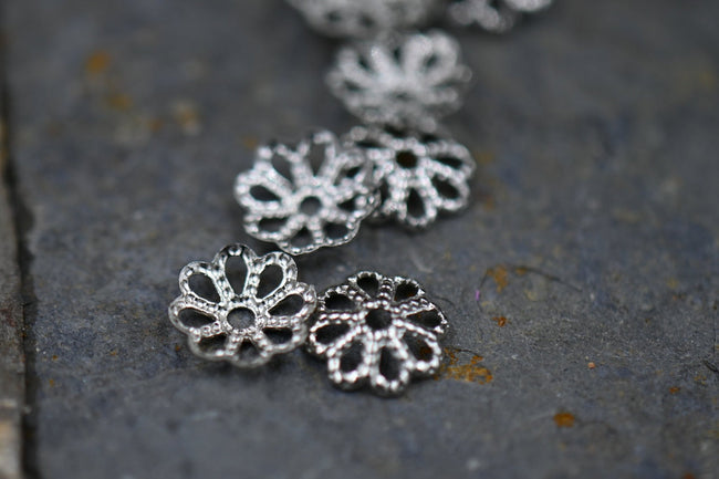 Flower Bead Caps, Fancy Bead Caps, Platinum, 6x1.5mm, 100pc Hover Image