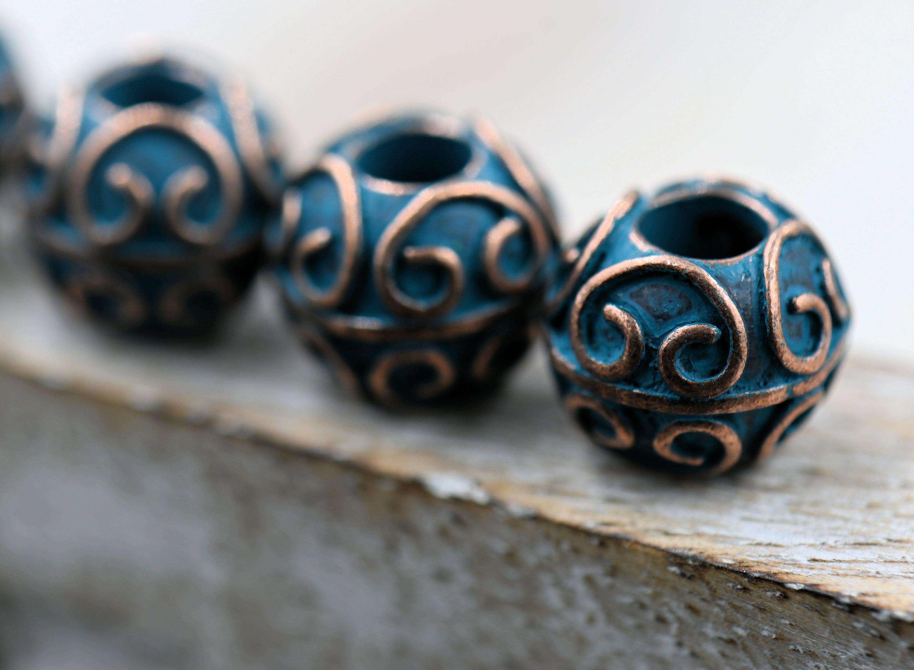 Antique Copper Blue Drum Heart About 11mm x 10mm, 4pc