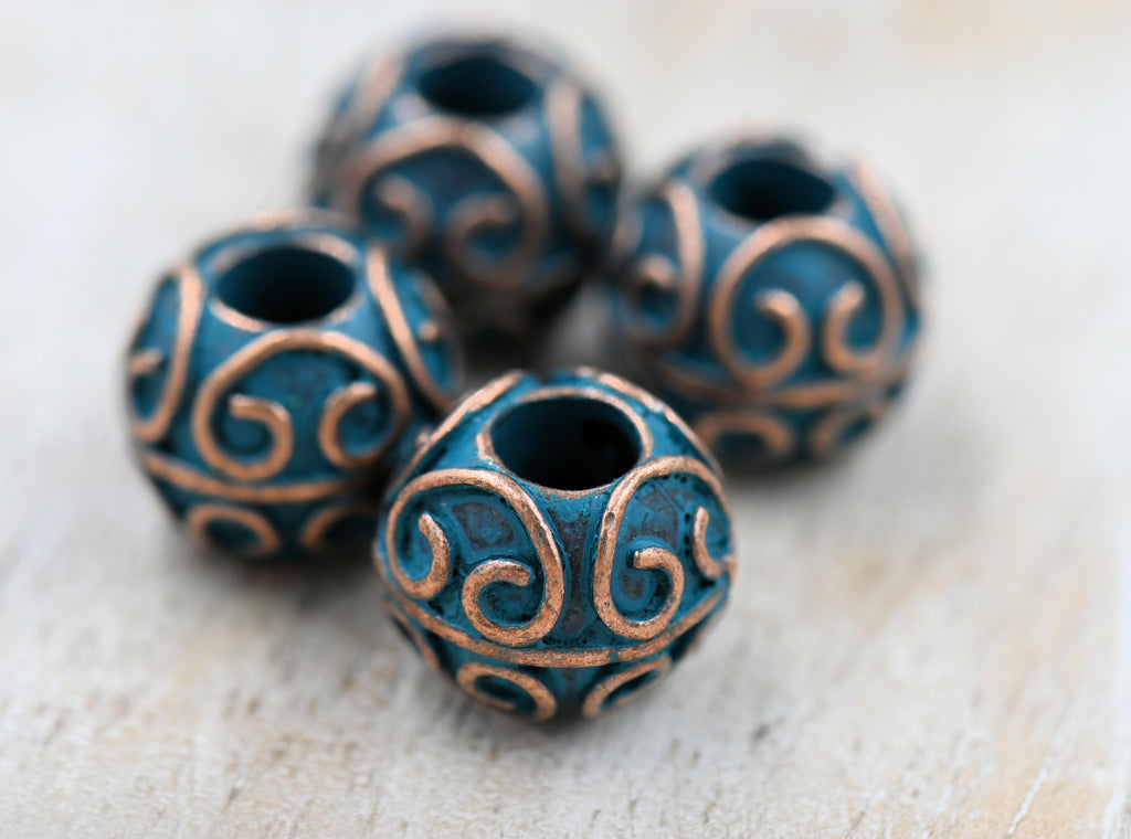Antique Copper Blue Drum Heart About 11mm x 10mm, 4pc