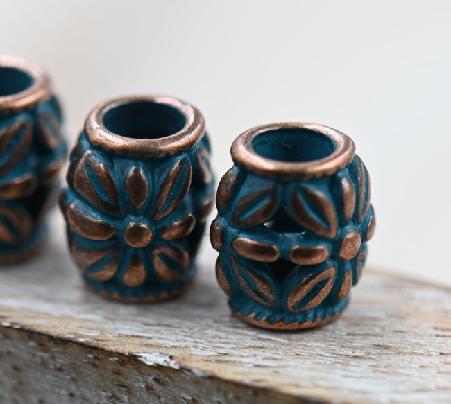 Antique Copper Blue Drum Flower About 11mm x 10mm, 5pc Hover Image