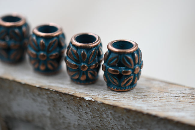 Antique Copper Blue Drum Flower About 11mm x 10mm, 10pc Main Image