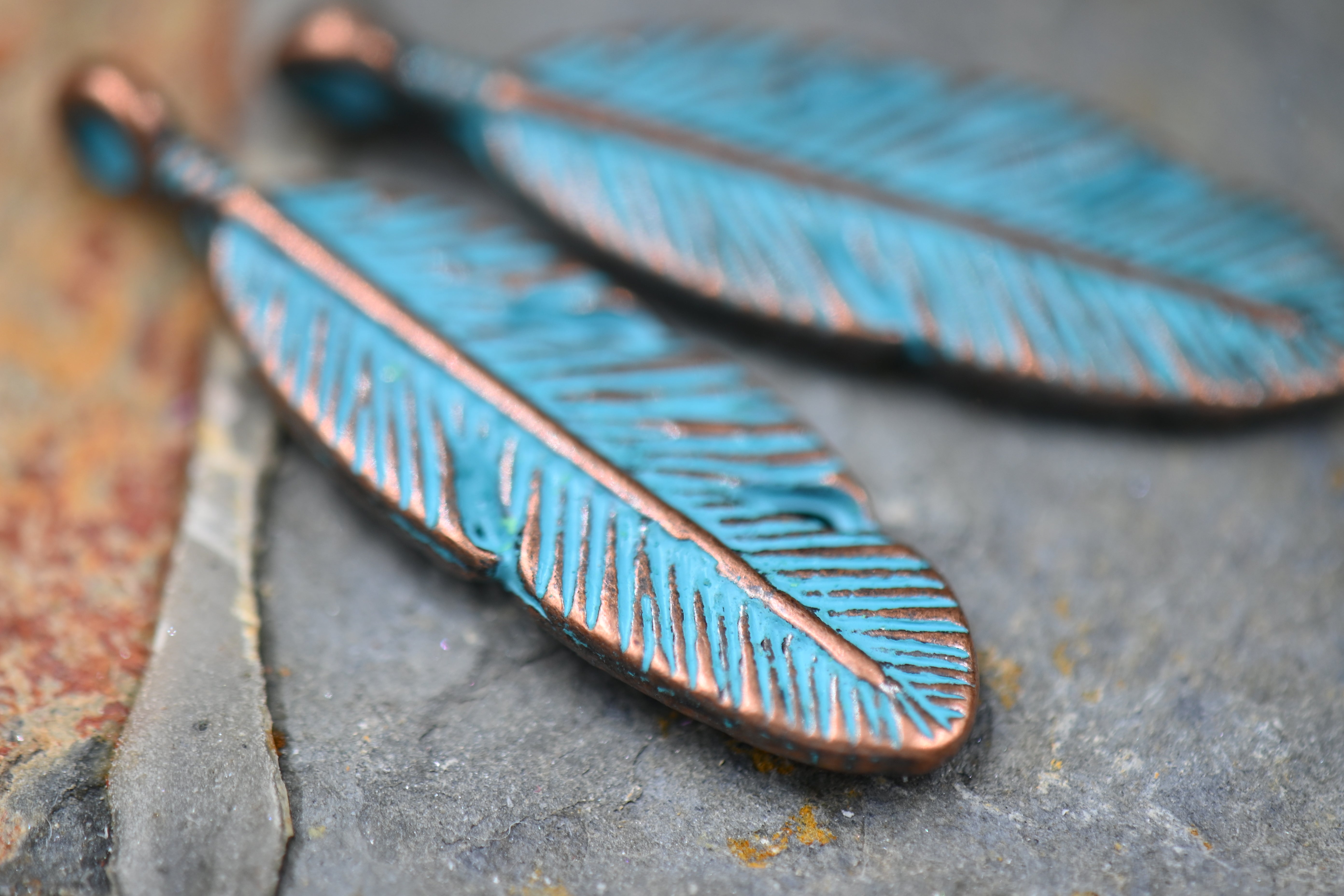 Patina Pendants Antique Copper Blue Feather, 5pc