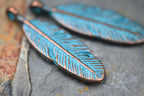 Patina Pendants Antique Copper Blue Feather, 10pc
