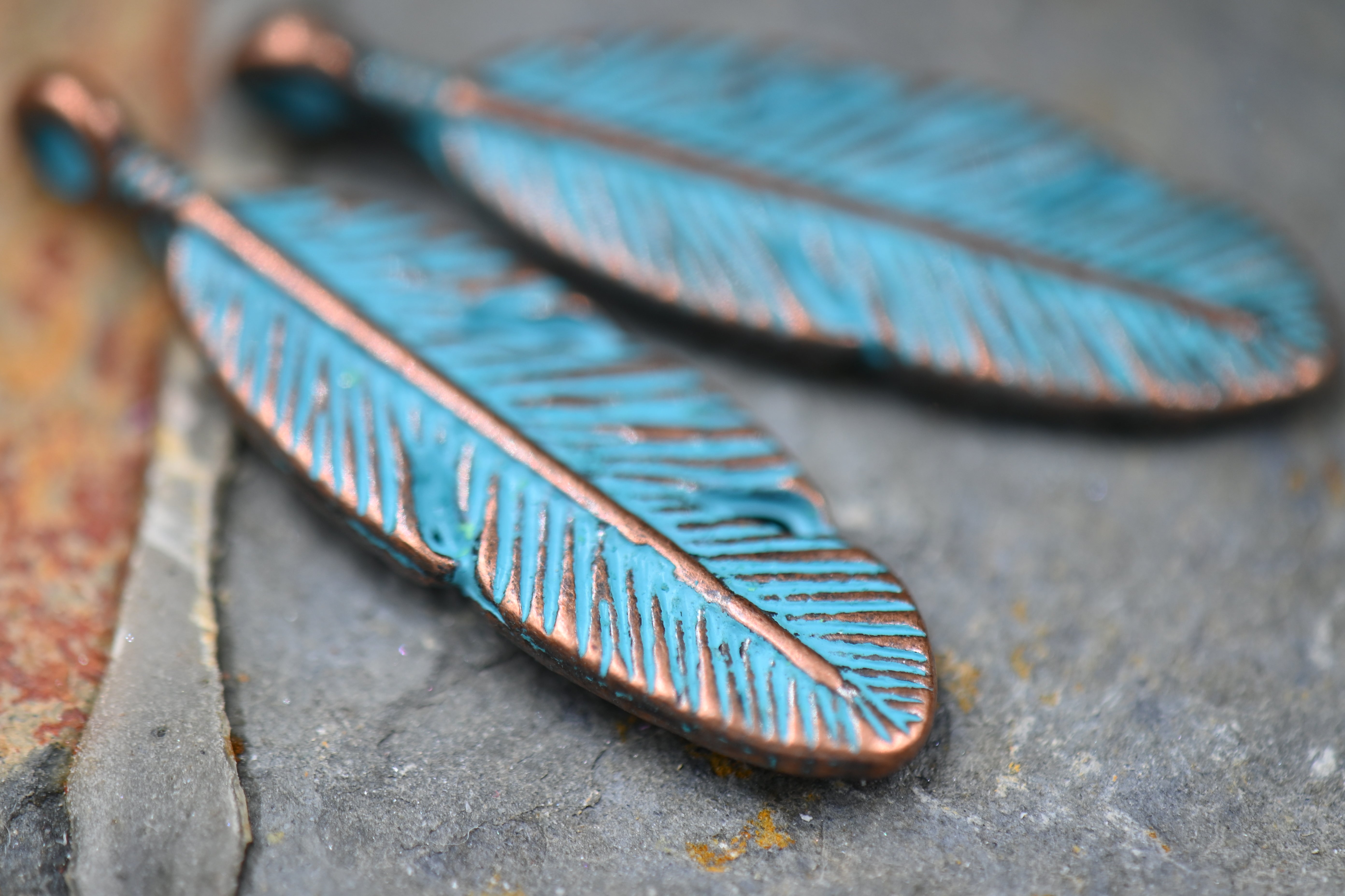 Patina Pendants Antique Copper Blue Feather, 5pc