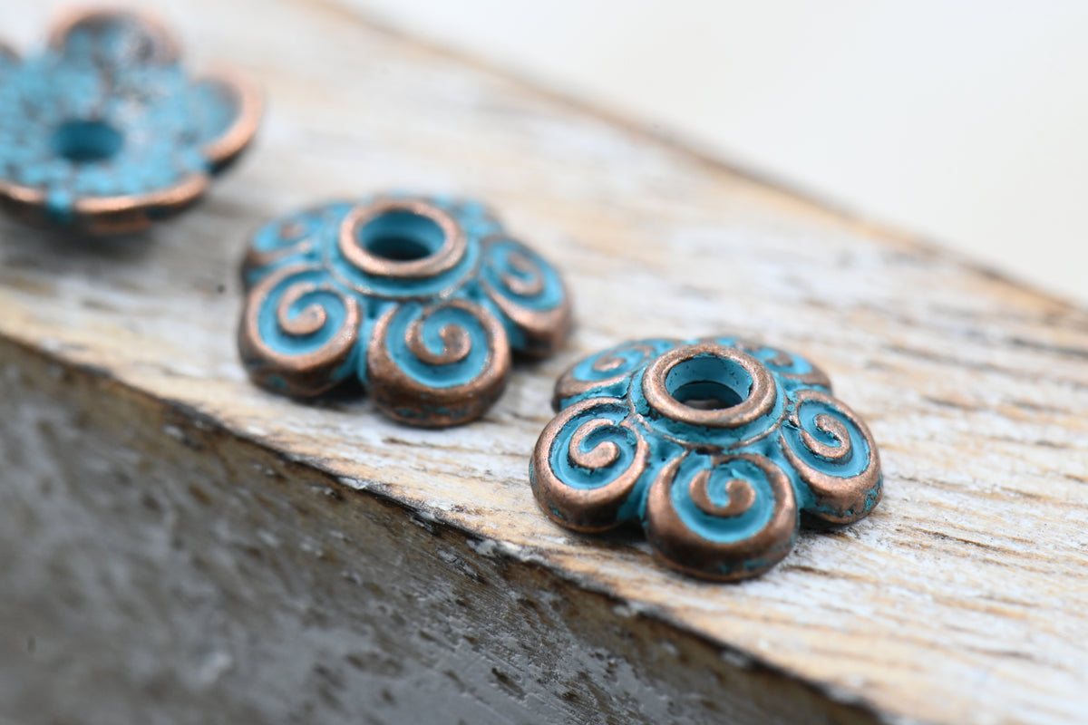 Patina Beads Caps Flower Spiral Antique Copper Green Blue, 20pc