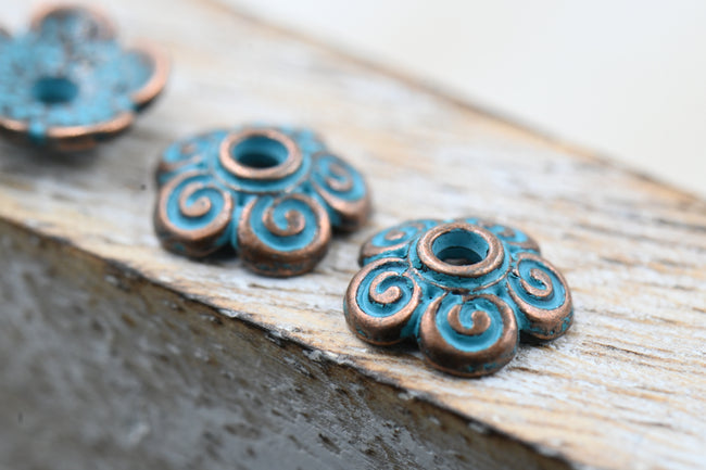 Patina Beads Caps Flower Spiral Antique Copper Green Blue, 40pc Main Image