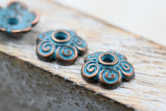 Patina Beads Caps Flower Spiral Antique Copper Green Blue, 20pc