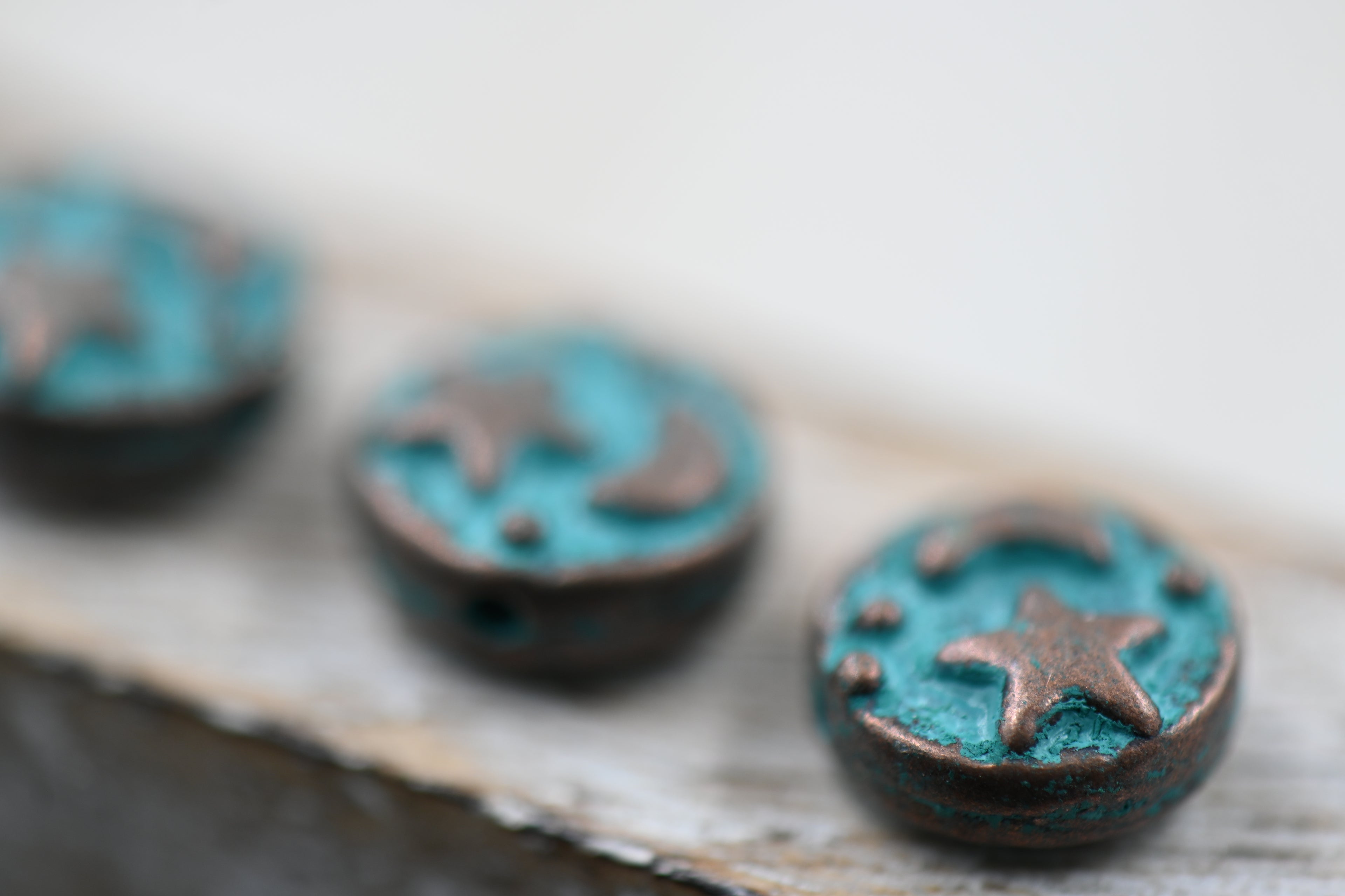Patina Spacer Beads Antique Copper Blue Round Star Moon 9mm, 6pc