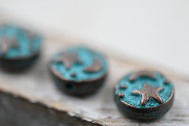 Patina Spacer Beads Antique Copper Blue Round Star Moon 9mm, 12pc Main Image