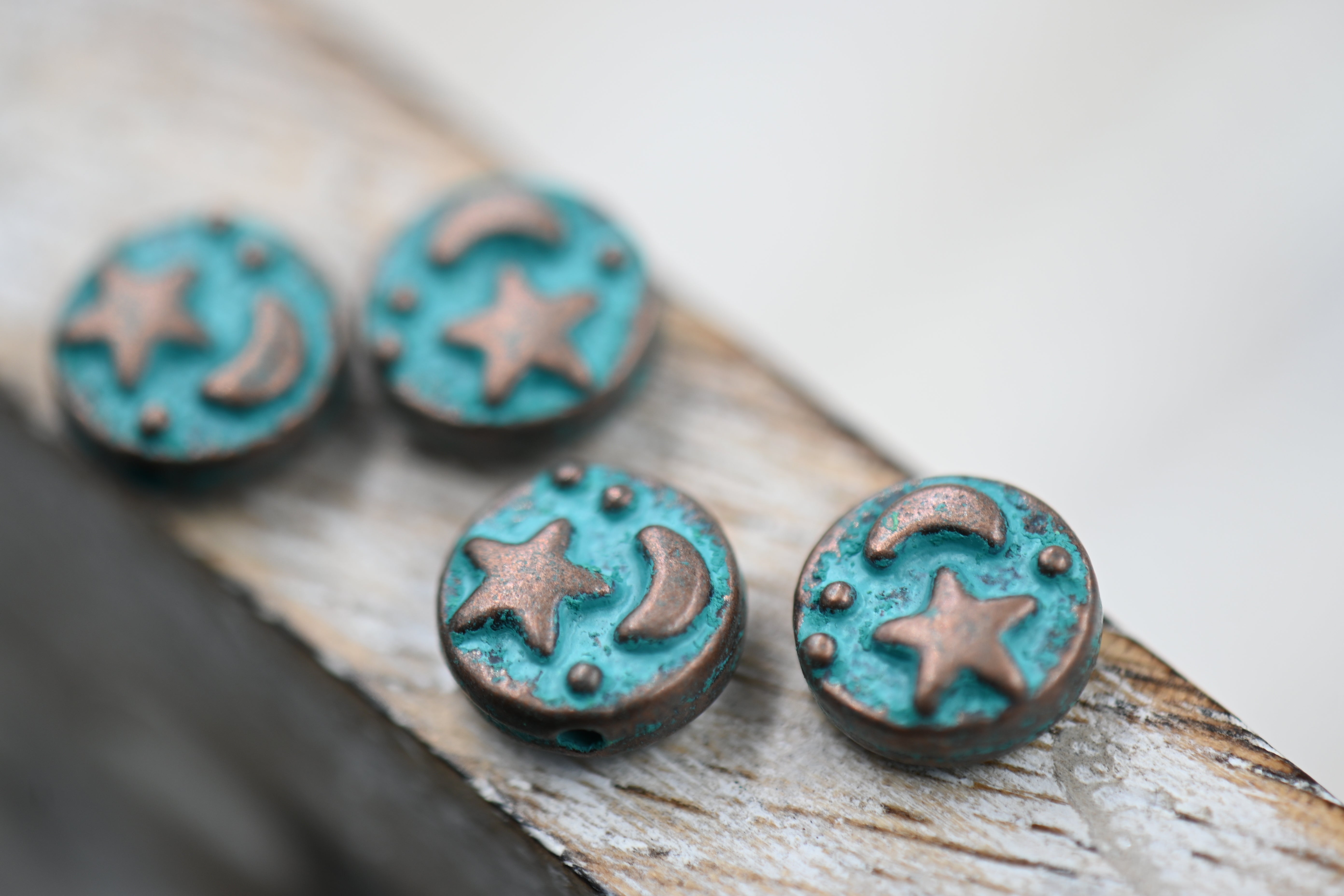 Patina Spacer Beads Antique Copper Blue Round Star Moon 9mm, 10pc