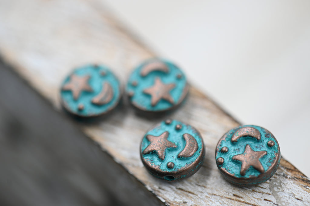Patina Spacer Beads Antique Copper Blue Round Star Moon 9mm, 6pc