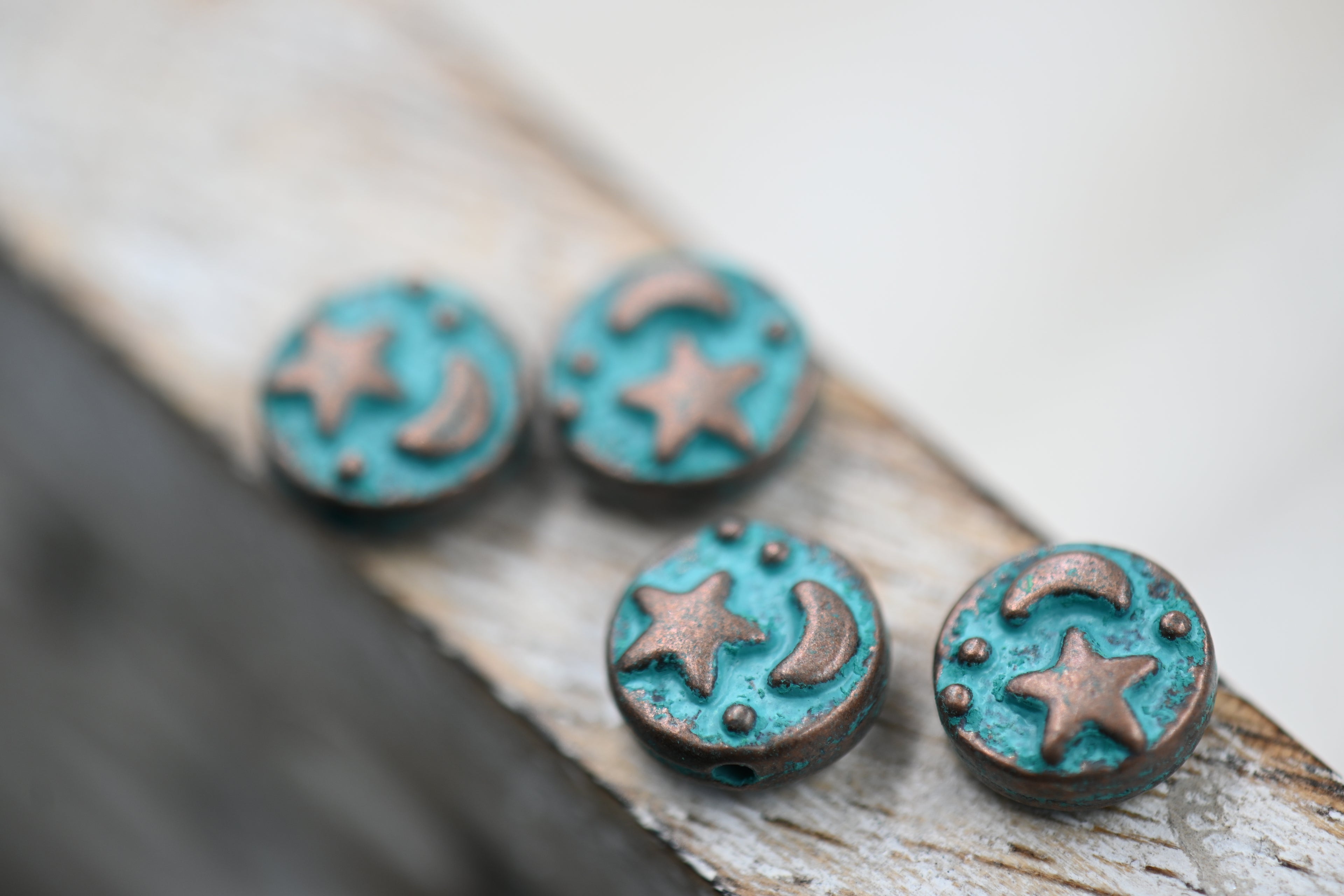Patina Spacer Beads Antique Copper Blue Round Star Moon 9mm, 12pc