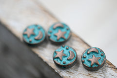 Patina Spacer Beads Antique Copper Blue Round Star Moon 9mm, 20pc