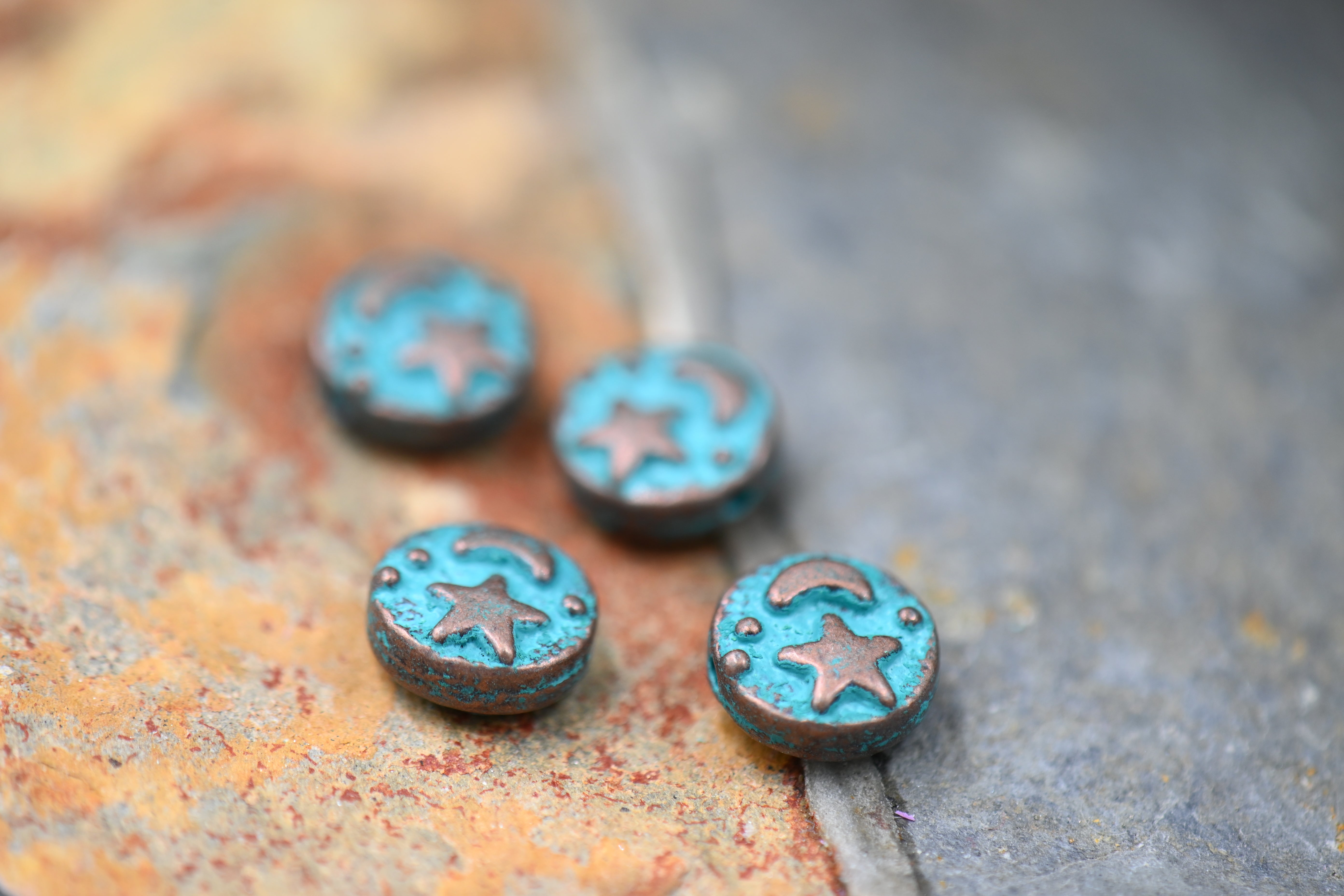 Patina Spacer Beads Antique Copper Blue Round Star Moon 9mm, 20pc