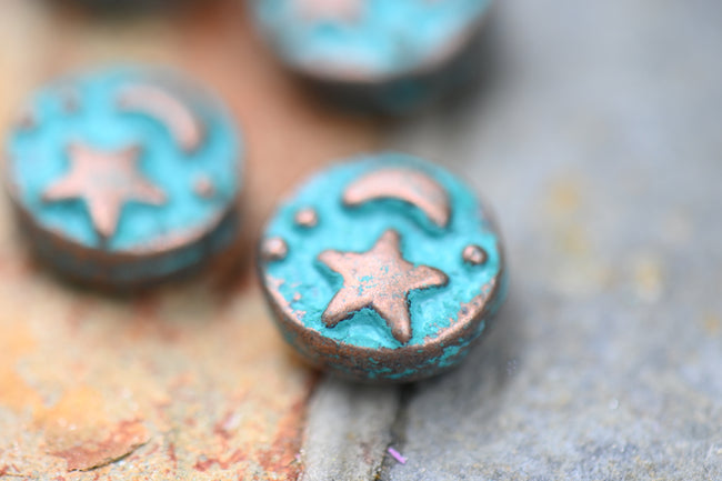 Patina Spacer Beads Antique Copper Blue Round Star Moon 9mm, 6pc Hover Image