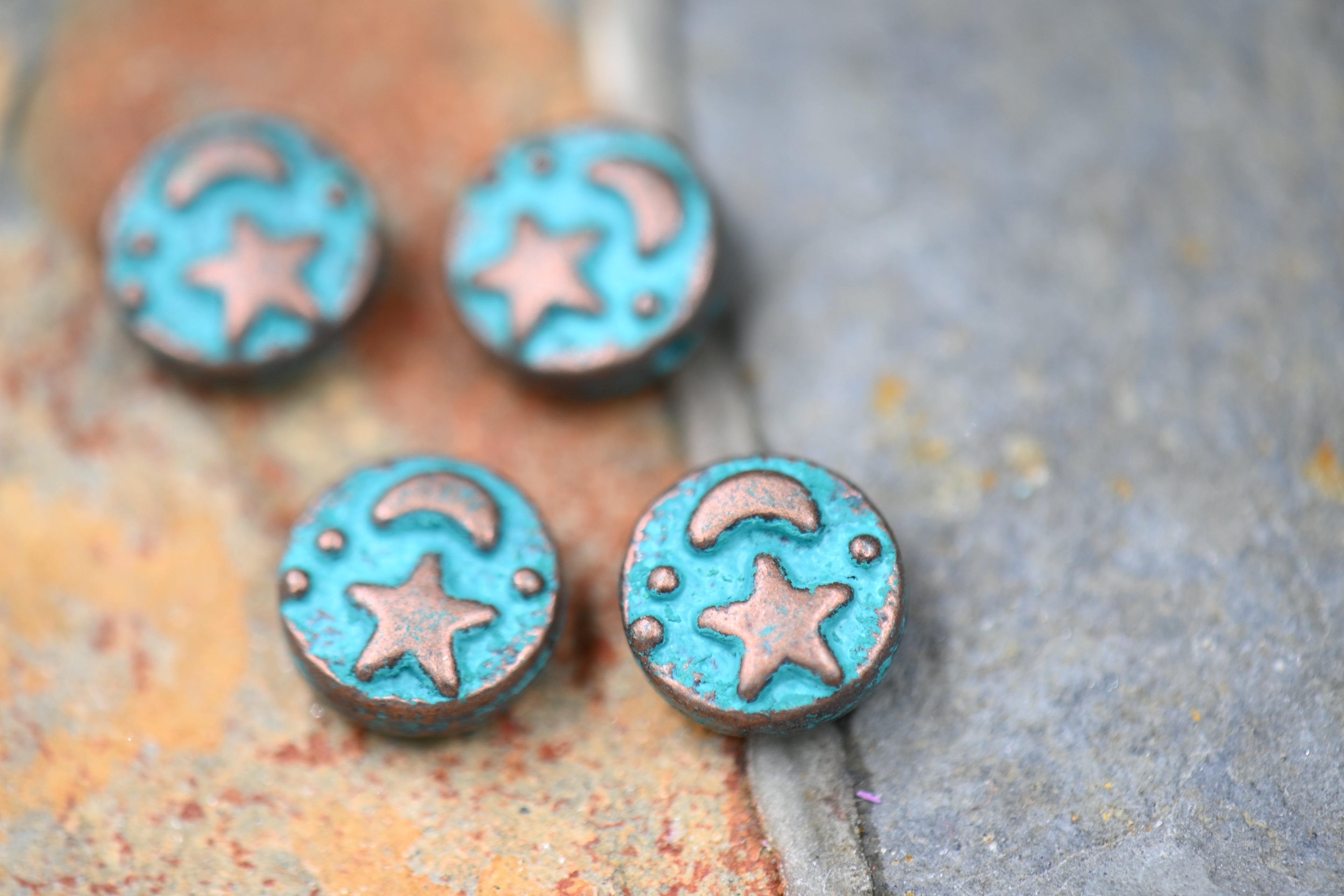 Patina Spacer Beads Antique Copper Blue Round Star Moon 9mm, 6pc