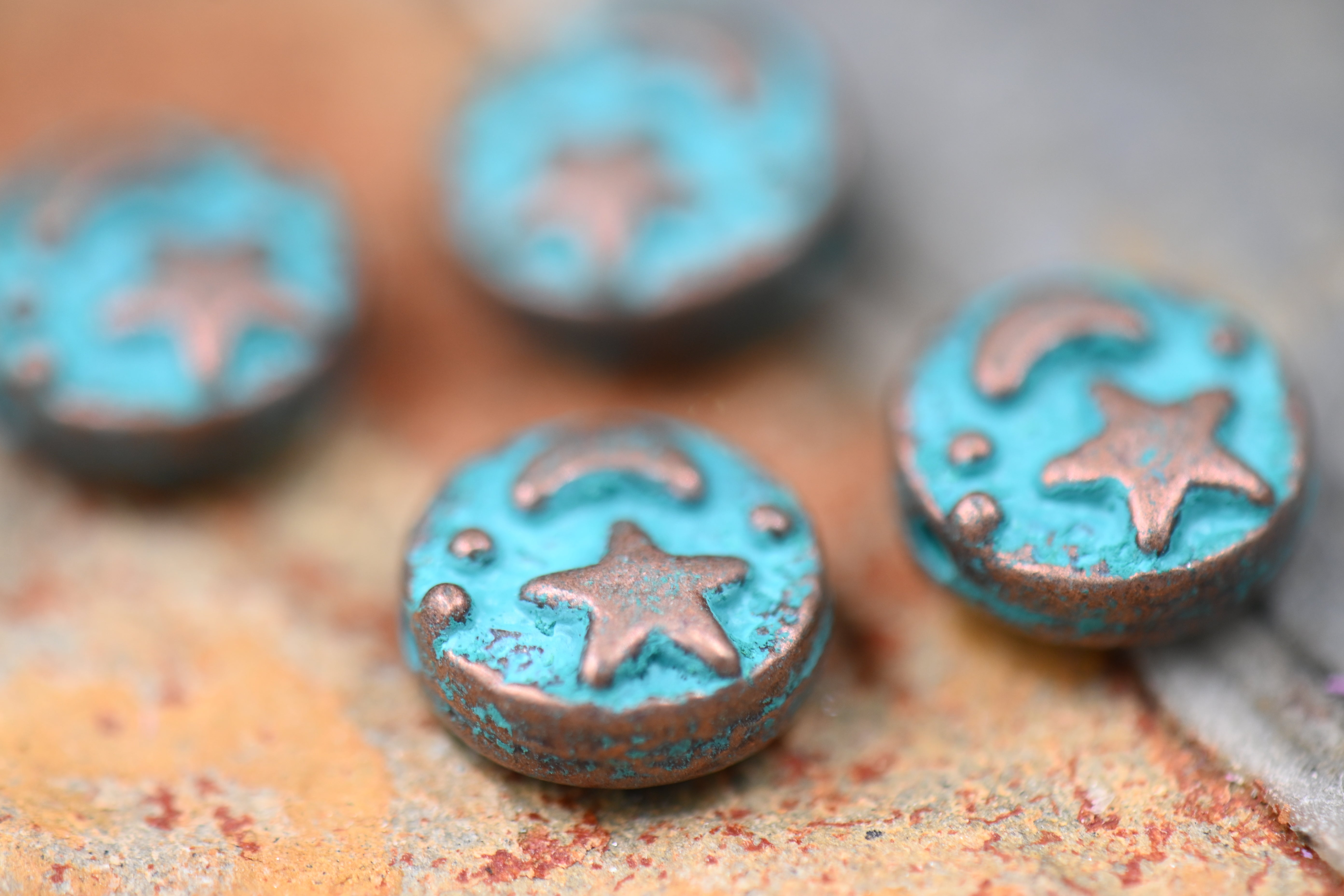 Patina Spacer Beads Antique Copper Blue Round Star Moon 9mm, 10pc