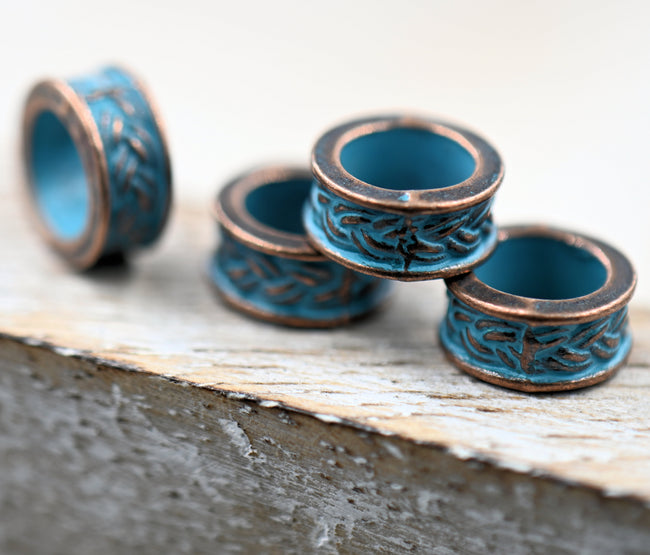 Patina Spacer Beads Antique Copper Blue Round 9mm Textured, 10pc Hover Image