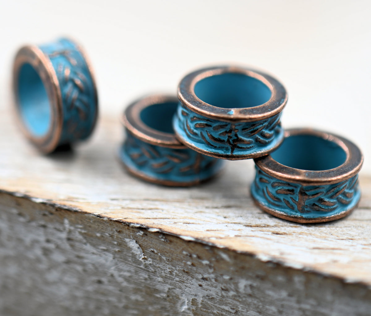 Patina Spacer Beads Antique Copper Blue Round 9mm Textured, 10pc