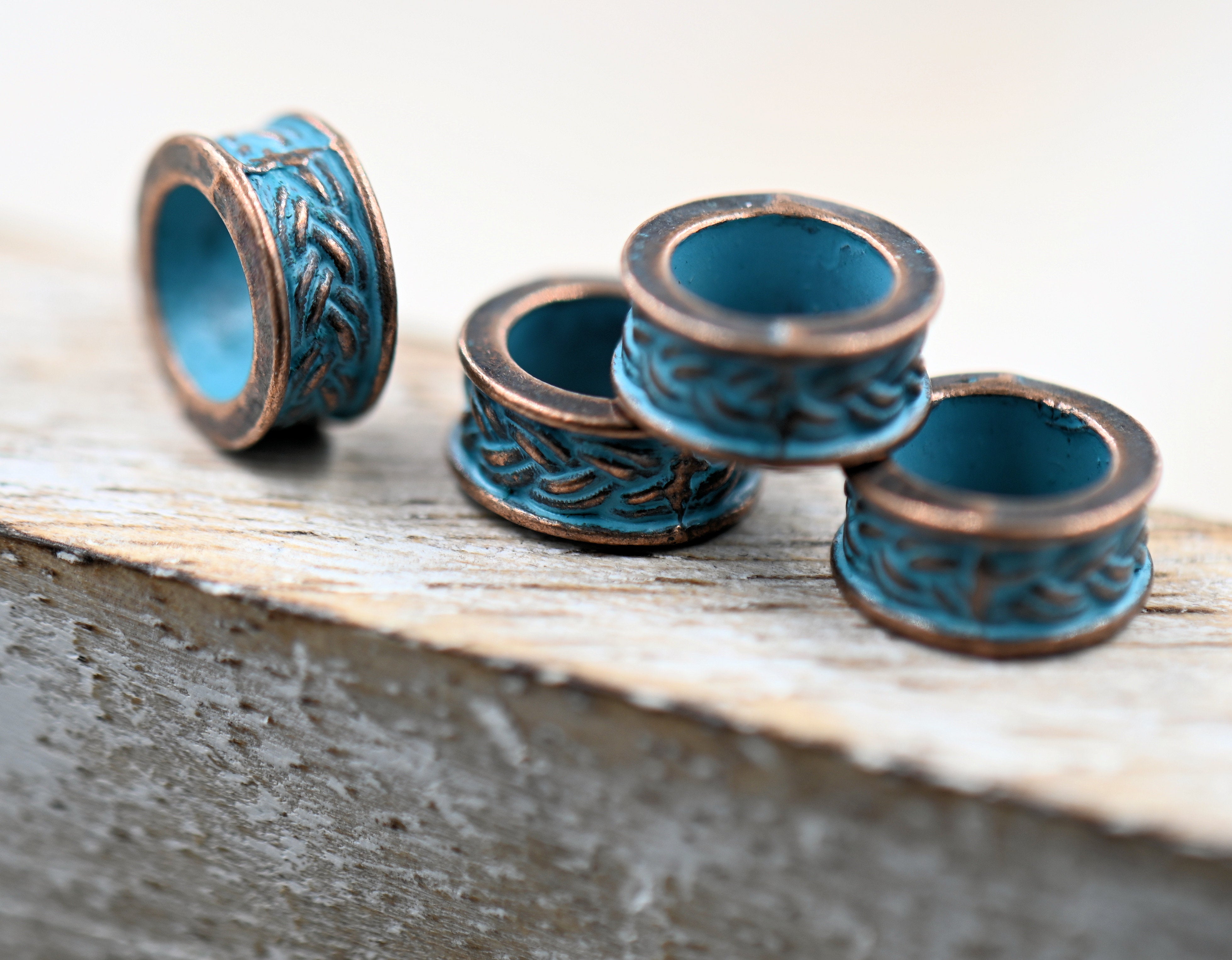 Patina Spacer Beads Antique Copper Blue Round 9mm Textured, 10pc