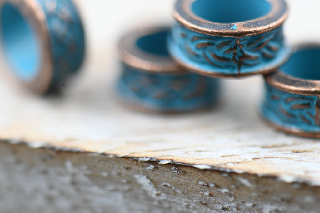 Patina Spacer Beads Antique Copper Blue Round 9mm Textured, 20pc