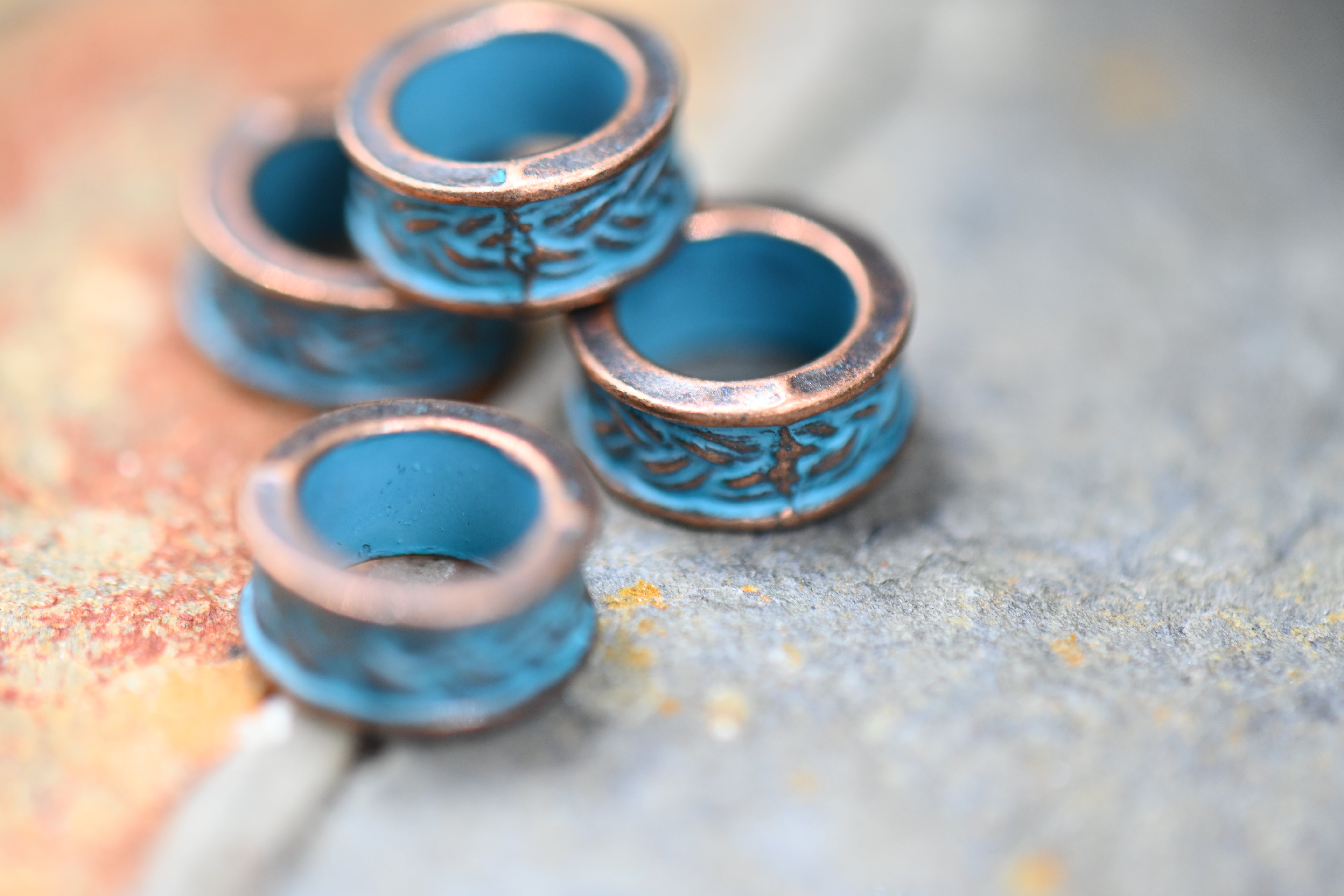 Patina Spacer Beads Antique Copper Blue Round 9mm Textured, 10pc