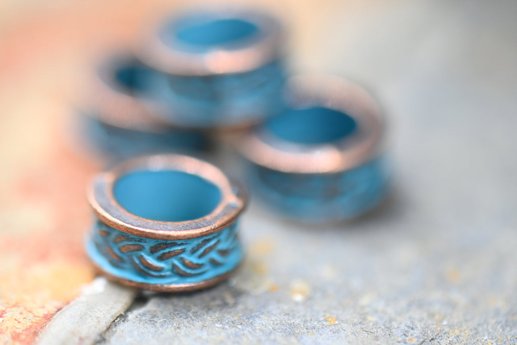 Patina Spacer Beads Antique Copper Blue Round 9mm Textured, 20pc