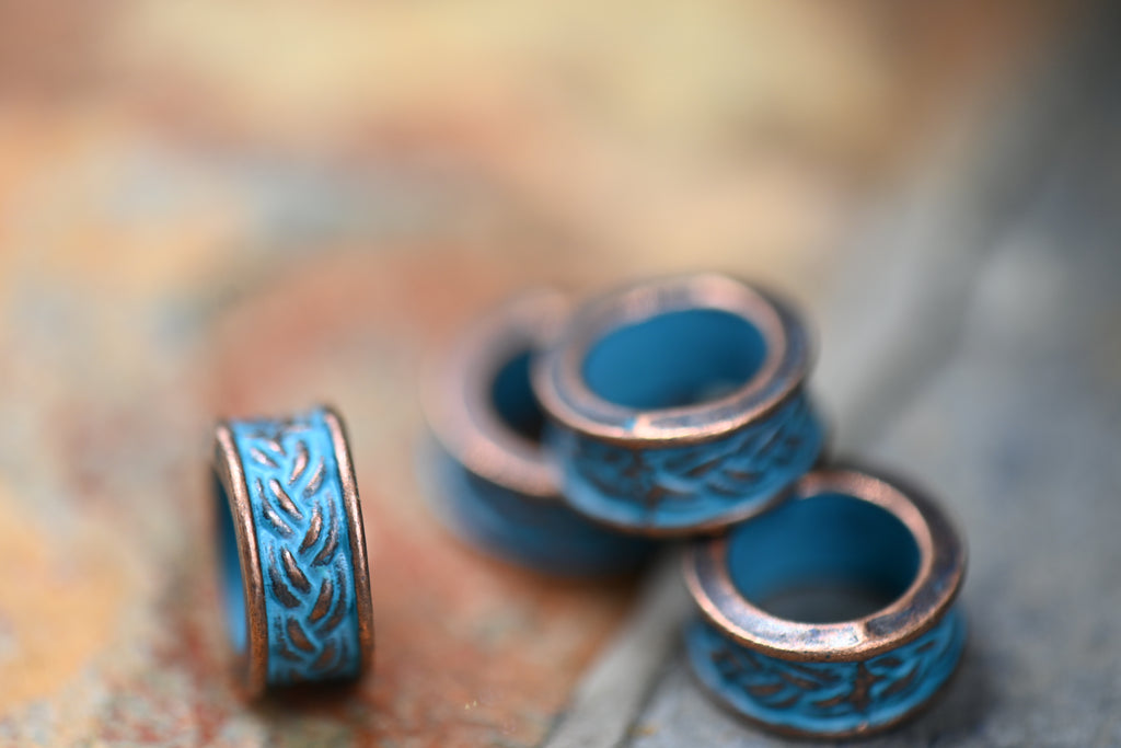 Patina Spacer Beads Antique Copper Blue Round 9mm Textured, 20pc