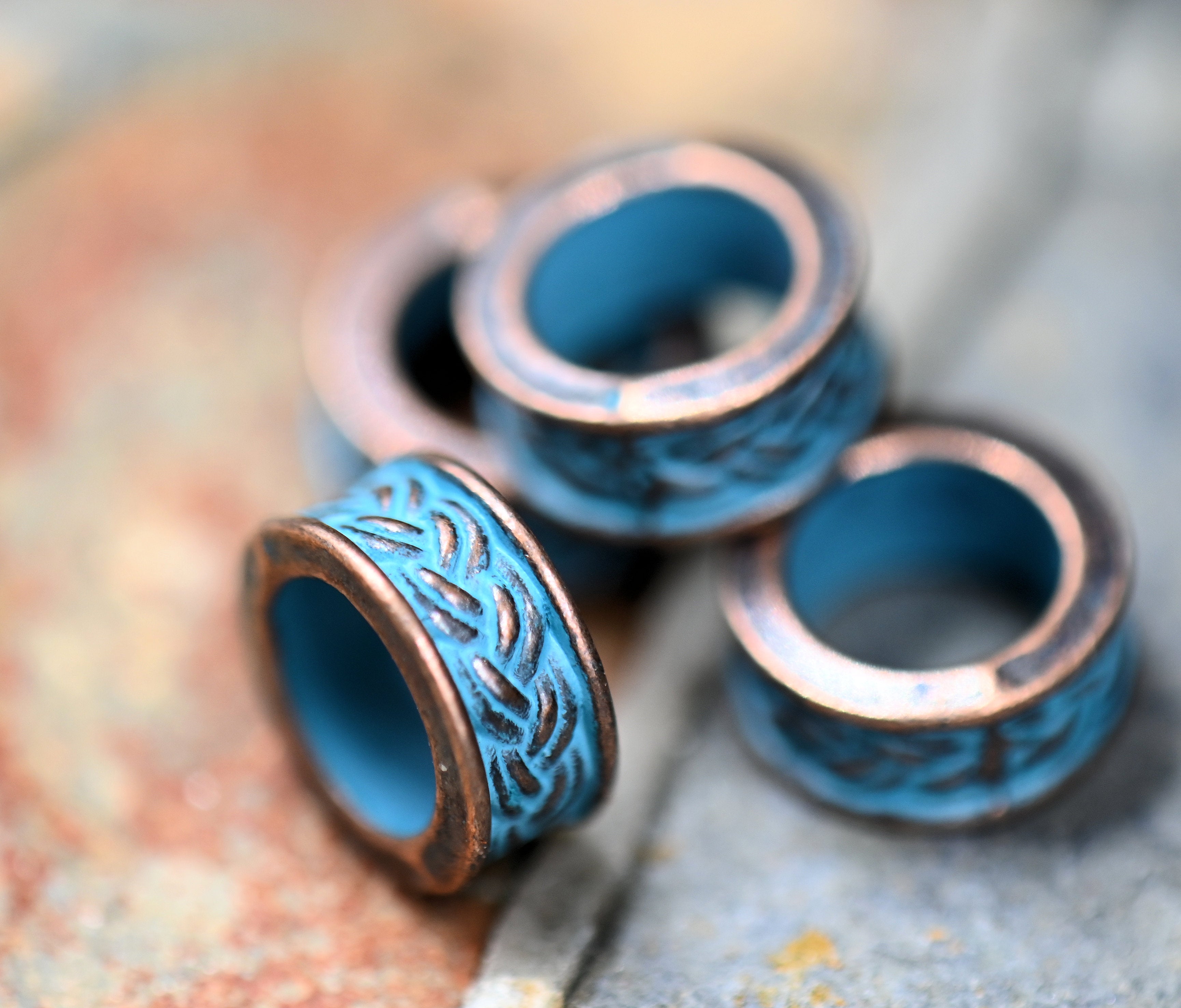 Patina Spacer Beads Antique Copper Blue Round 9mm Textured, 10pc