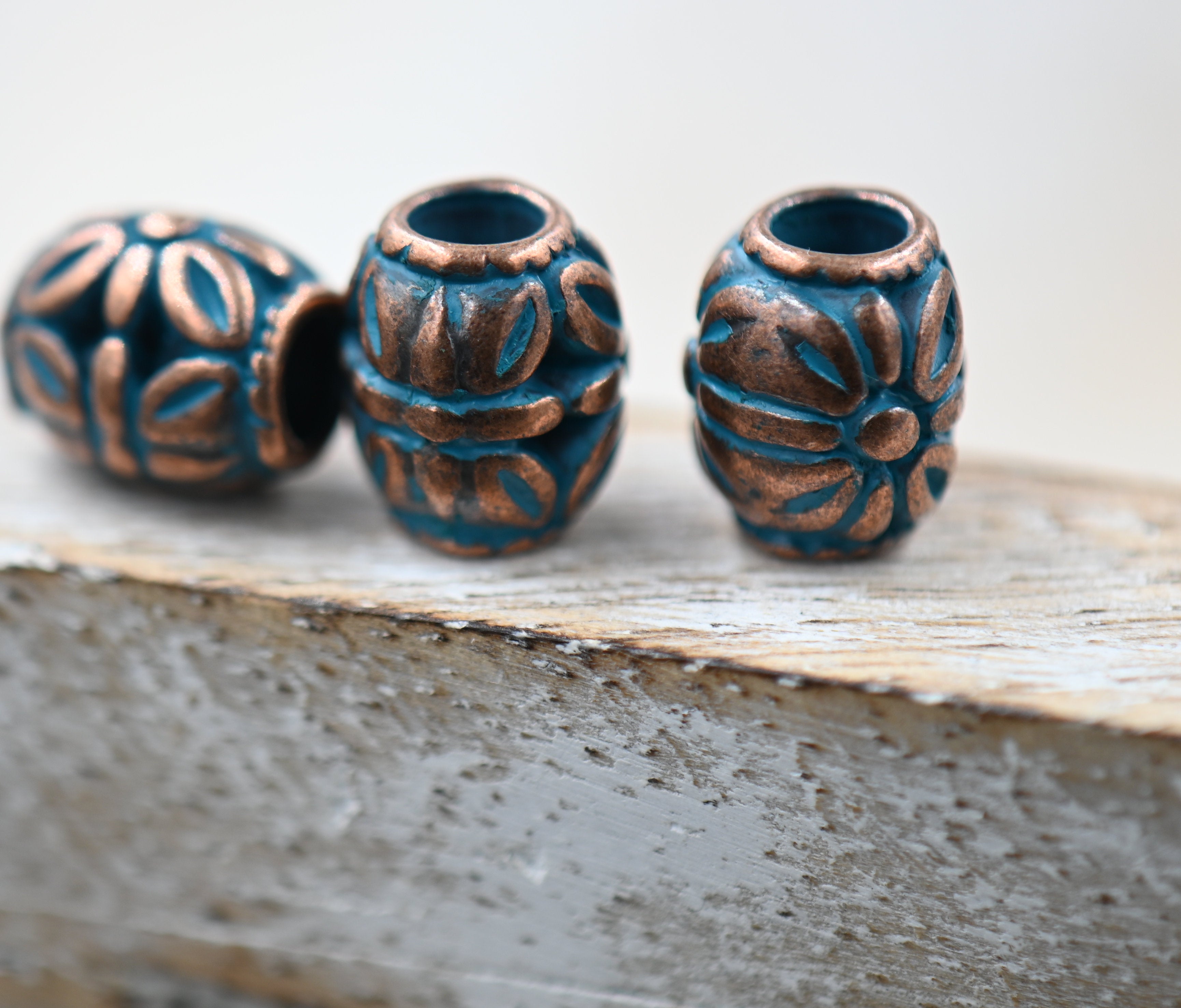 Patina Spacer Beads For Antique Copper Blue Oval Flower, 5pc