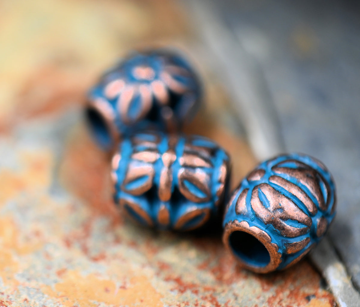 Patina Spacer Beads For Antique Copper Blue Oval Flower, 5pc