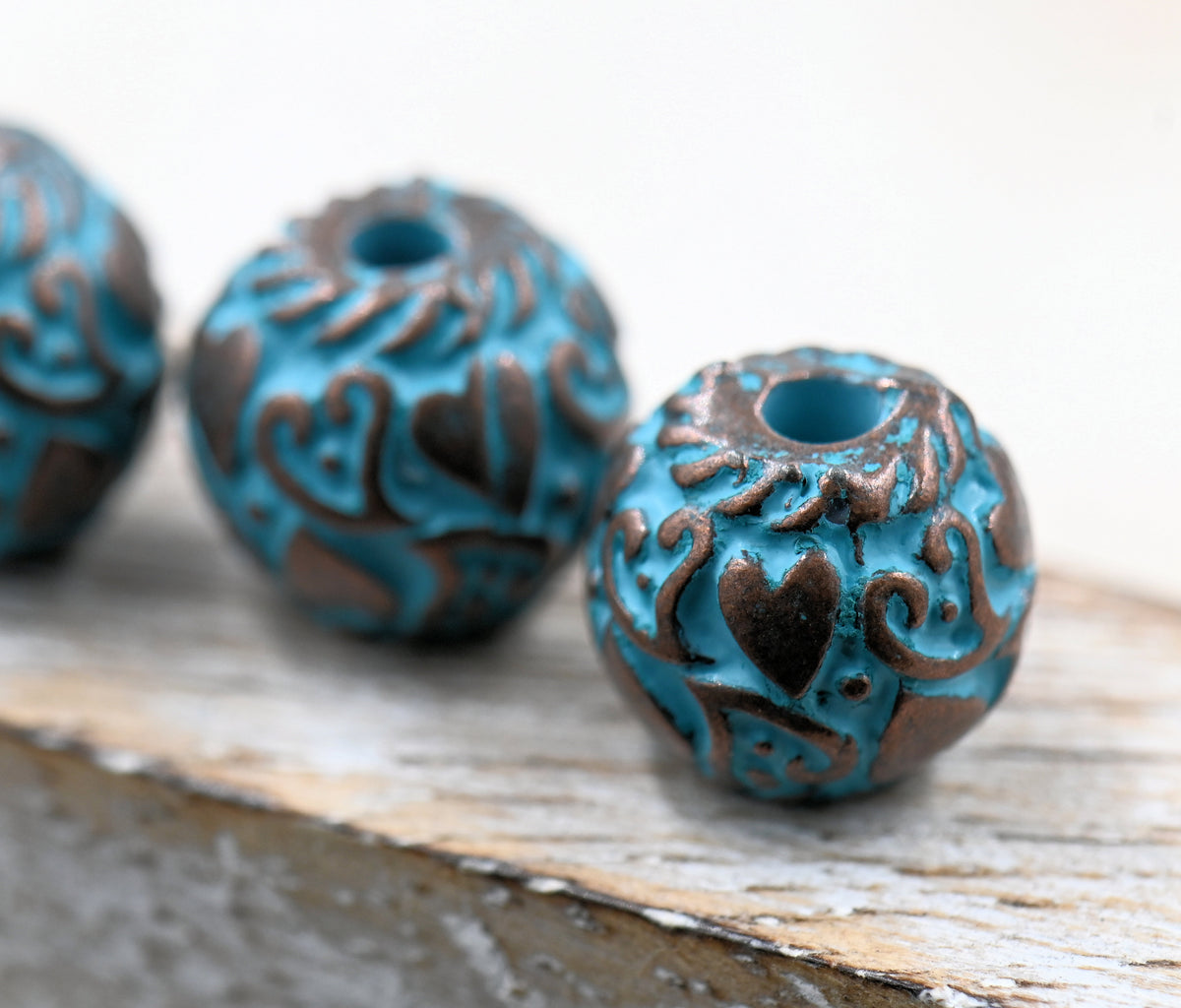 Patina Spacer Beads Antique Copper Blue Lantern Heart, 5pc