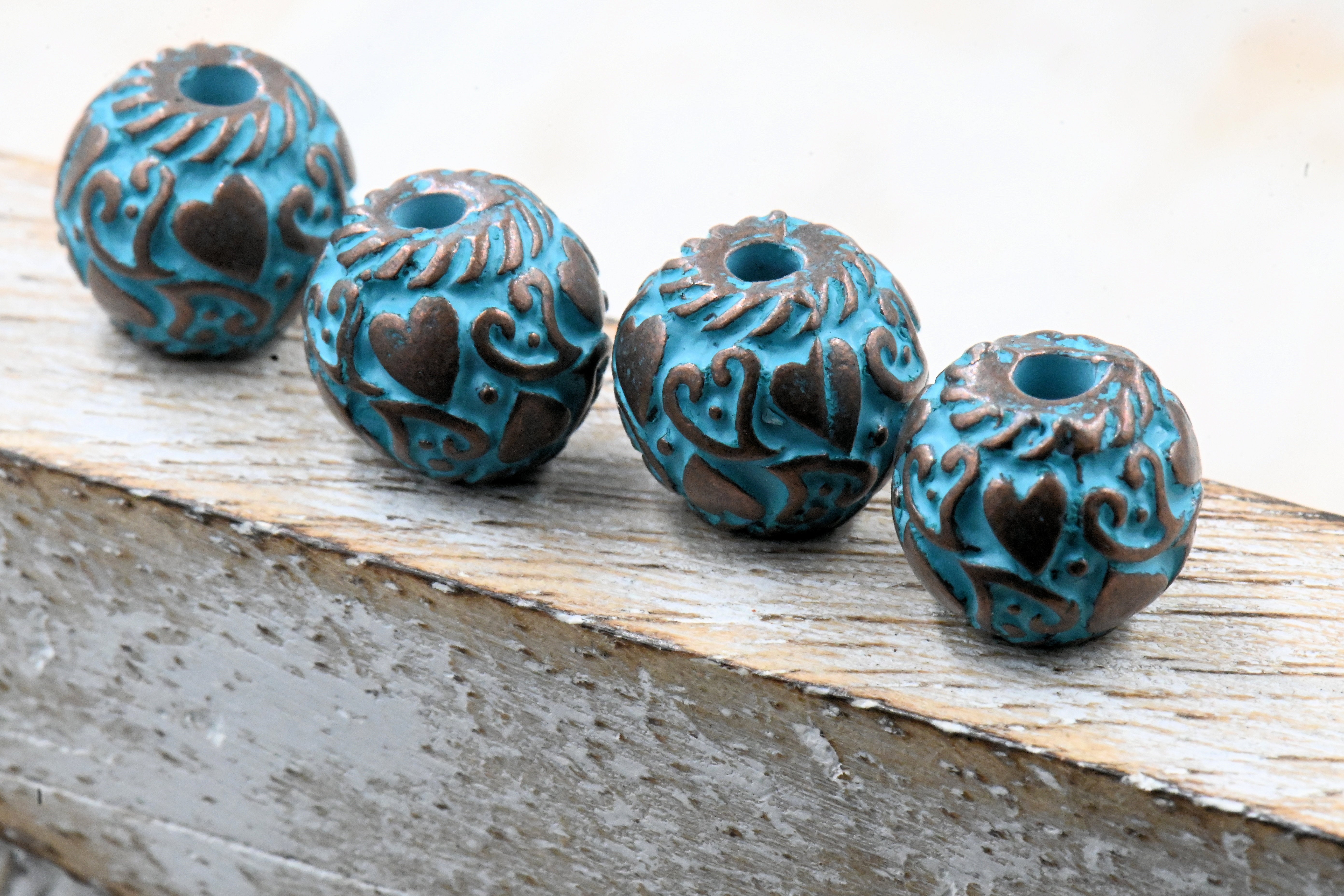 Patina Spacer Beads Antique Copper Blue Lantern Heart, 5pc