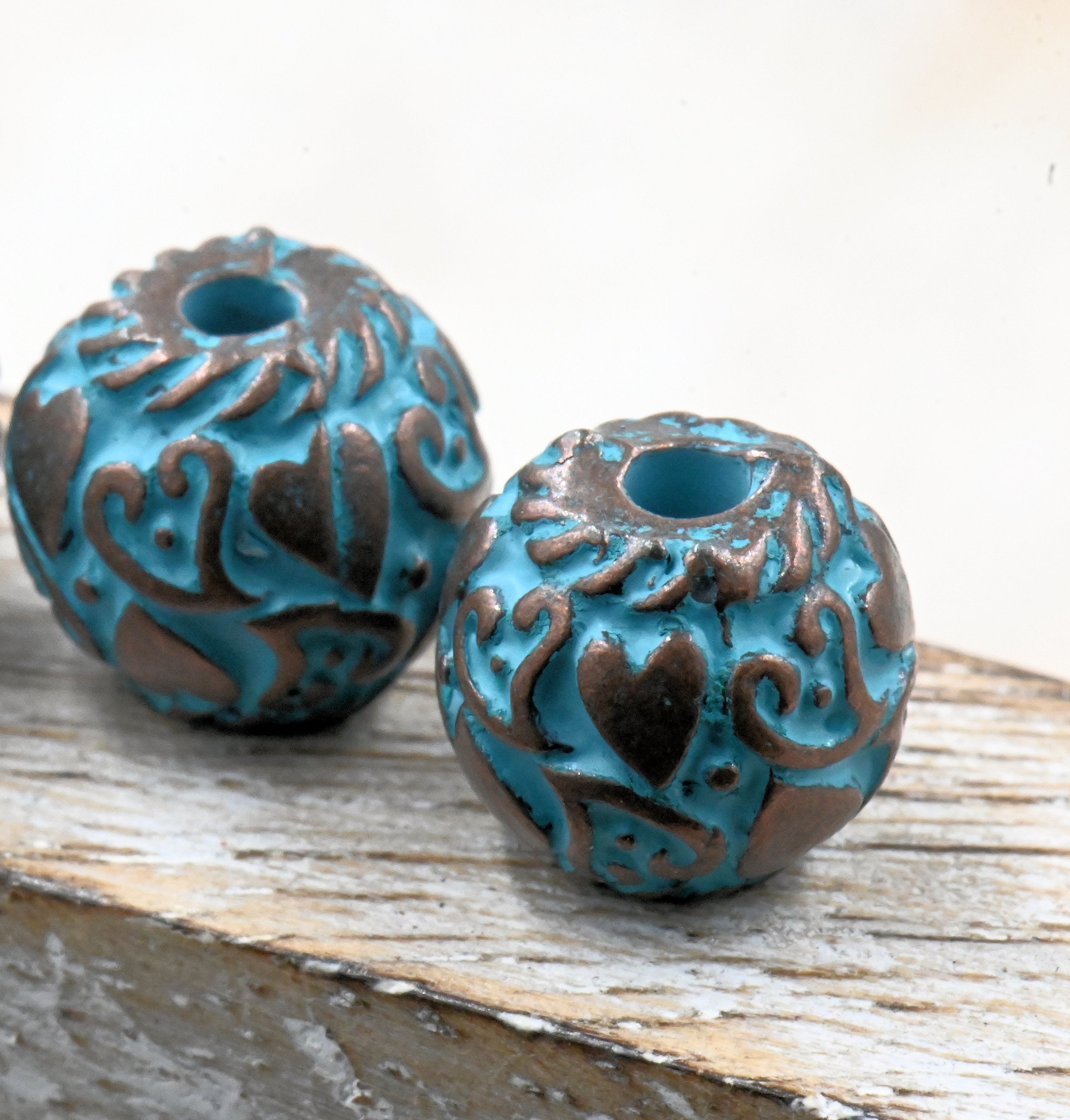 Patina Spacer Beads Antique Copper Blue Lantern Heart, 5pc