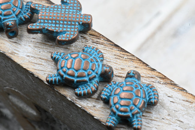 Antique Copper Blue Sea Turtle Animal Patina Bead About 13mm x 12mm, 10pc Hover Image
