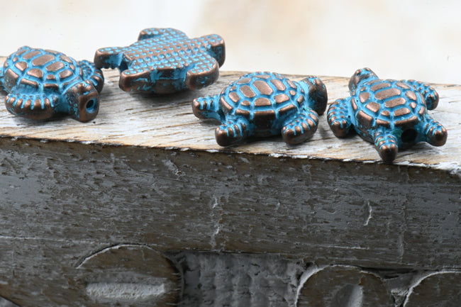 Antique Copper Blue Sea Turtle Animal Patina Bead About 13mm x 12mm, 10pc Main Image