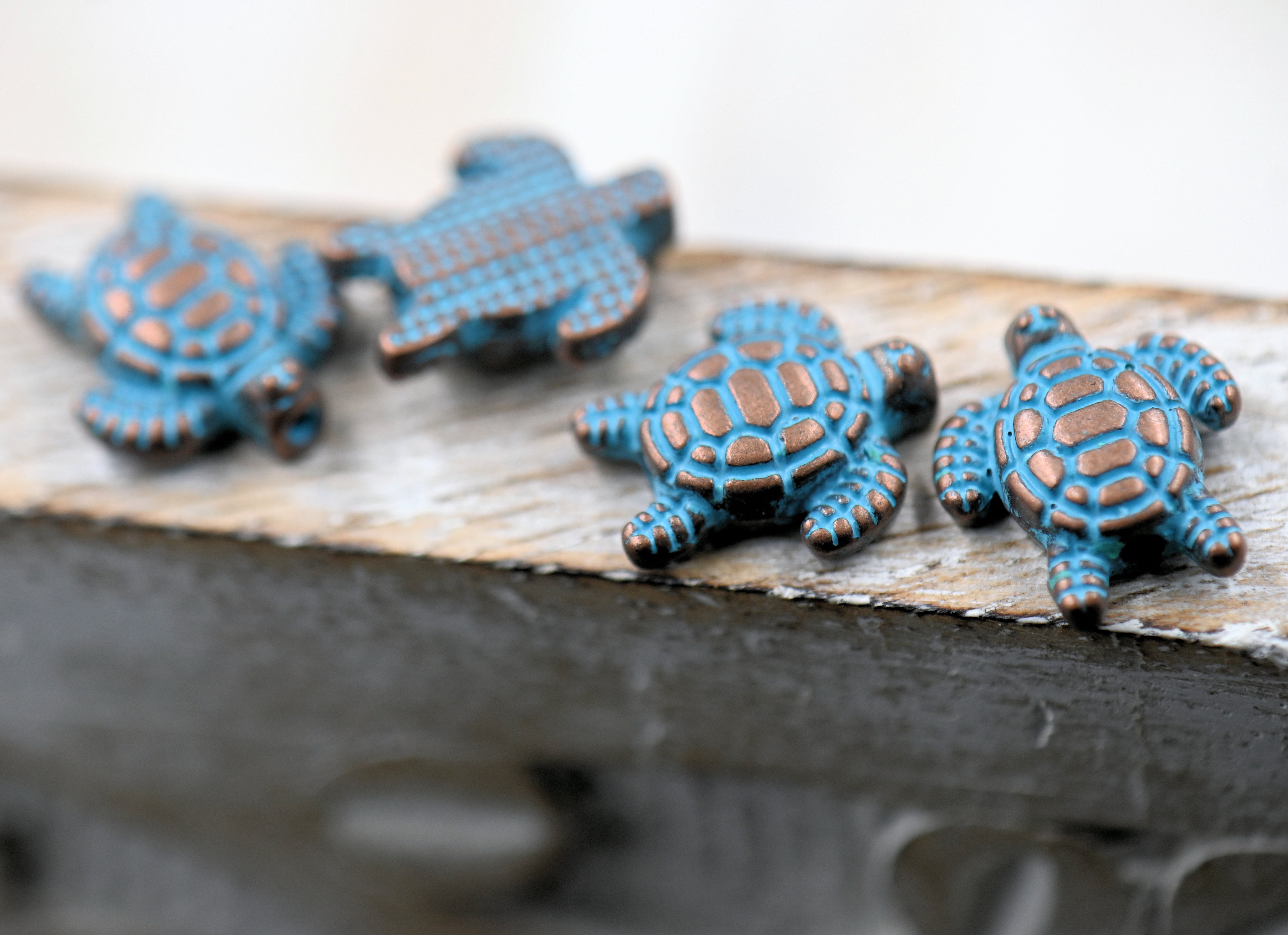 Antique Copper Blue Sea Turtle Animal Patina Bead About 13mm x 12mm, 5pc